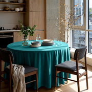Teal Velvet Round Tablecloth in a Modern Kitchen Dining Area with Light Wood Cabinetry and Soft Neutral Accents