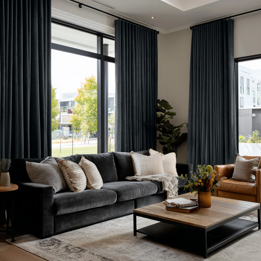 Steel Black Velvet S-Fold Curtains in a Contemporary Living Room with a Charcoal Sofa