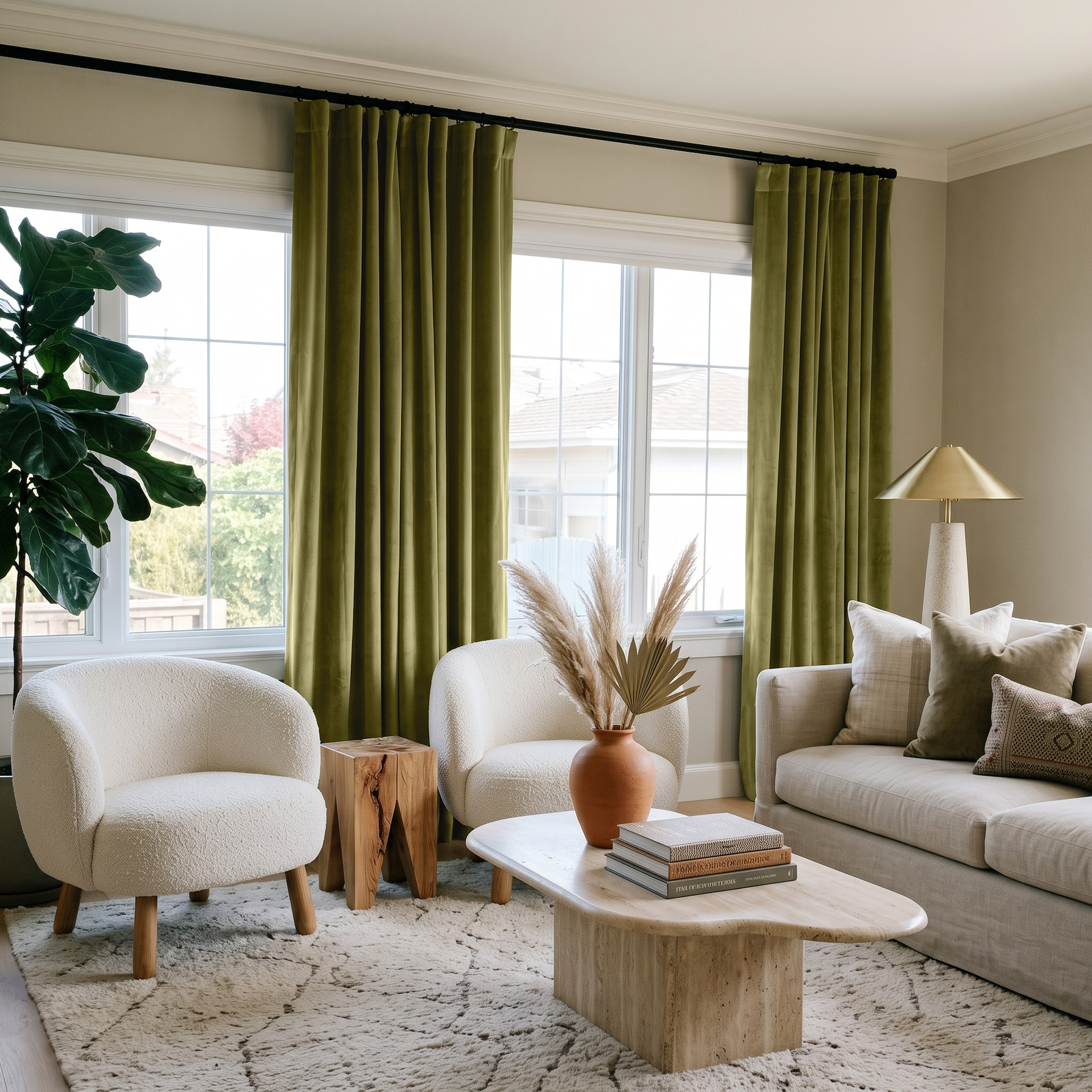 Moss Green Velvet S-Fold Curtains in a Contemporary Living Room with Bouclé Chairs and a Beige Sofa