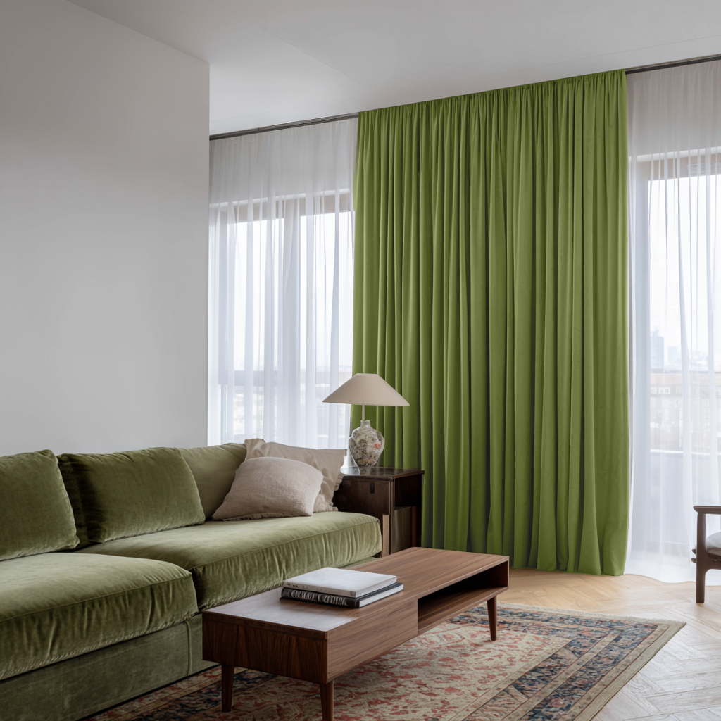 Moss Green Velvet Soundproof Curtains with Multitape