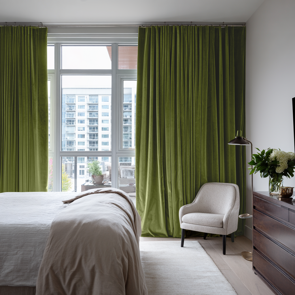 Moss Green Velvet Soundproof Curtains with Multitape