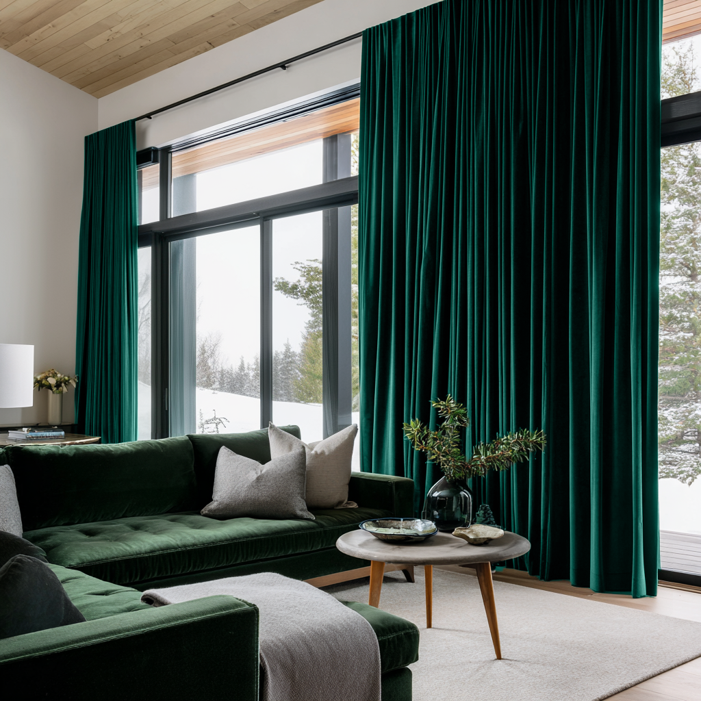 Emerald Green Velvet Thermal Curtains with Multitape