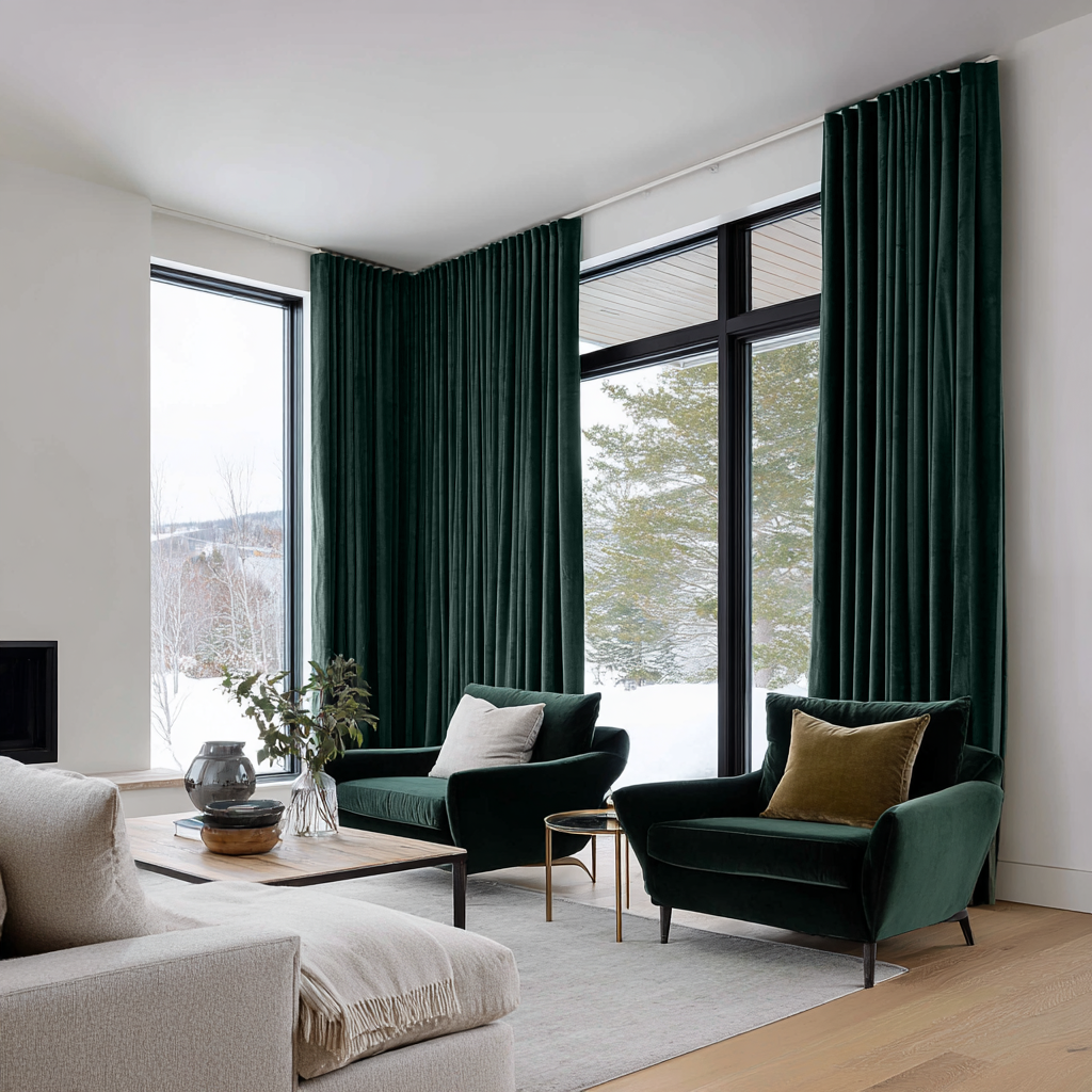 Hunter Green Velvet Thermal Curtains with Multitape
