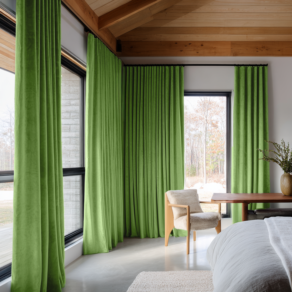 Light Green Velvet Thermal Curtains with Multitape