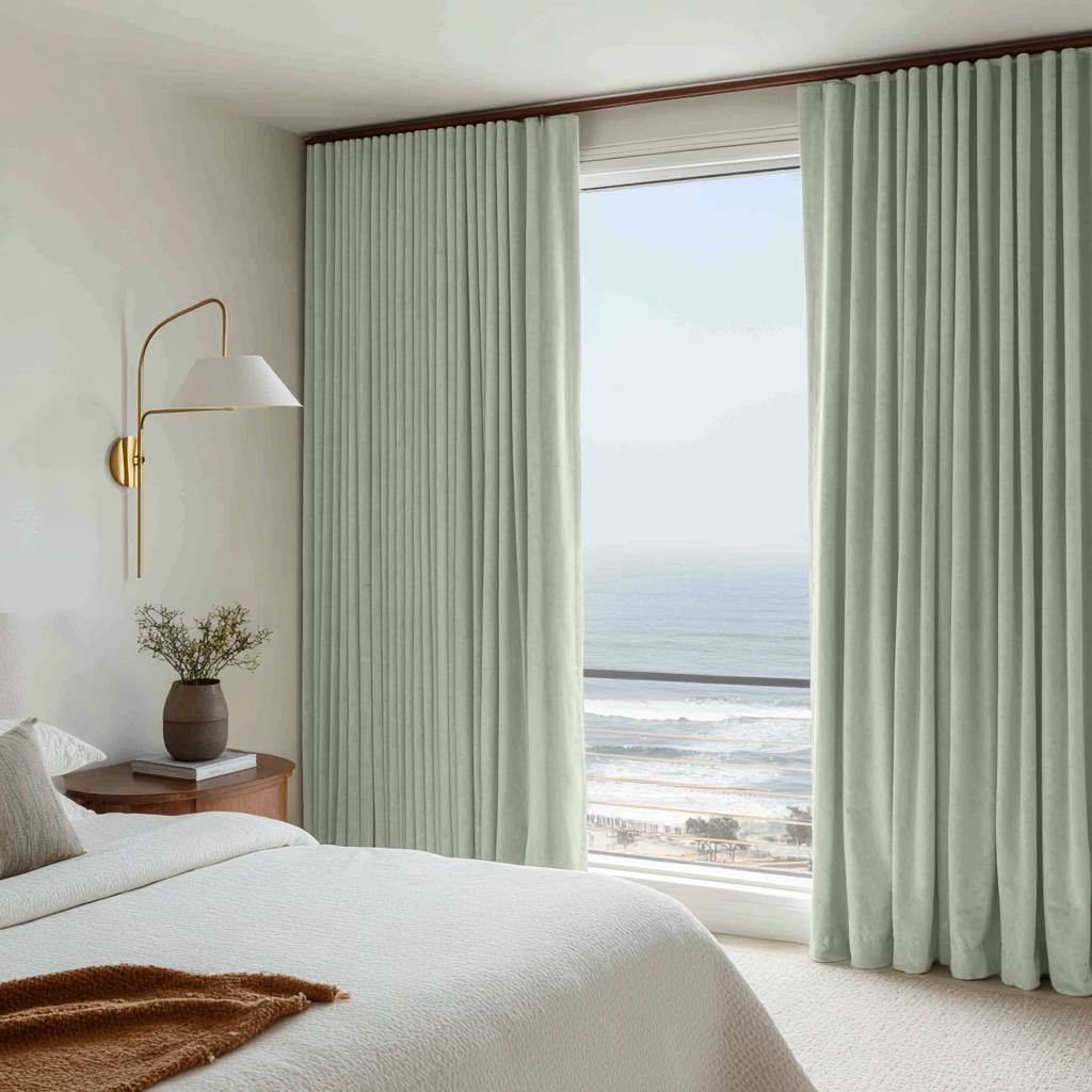 Mint Green Velvet Thermal Curtains with Multitape