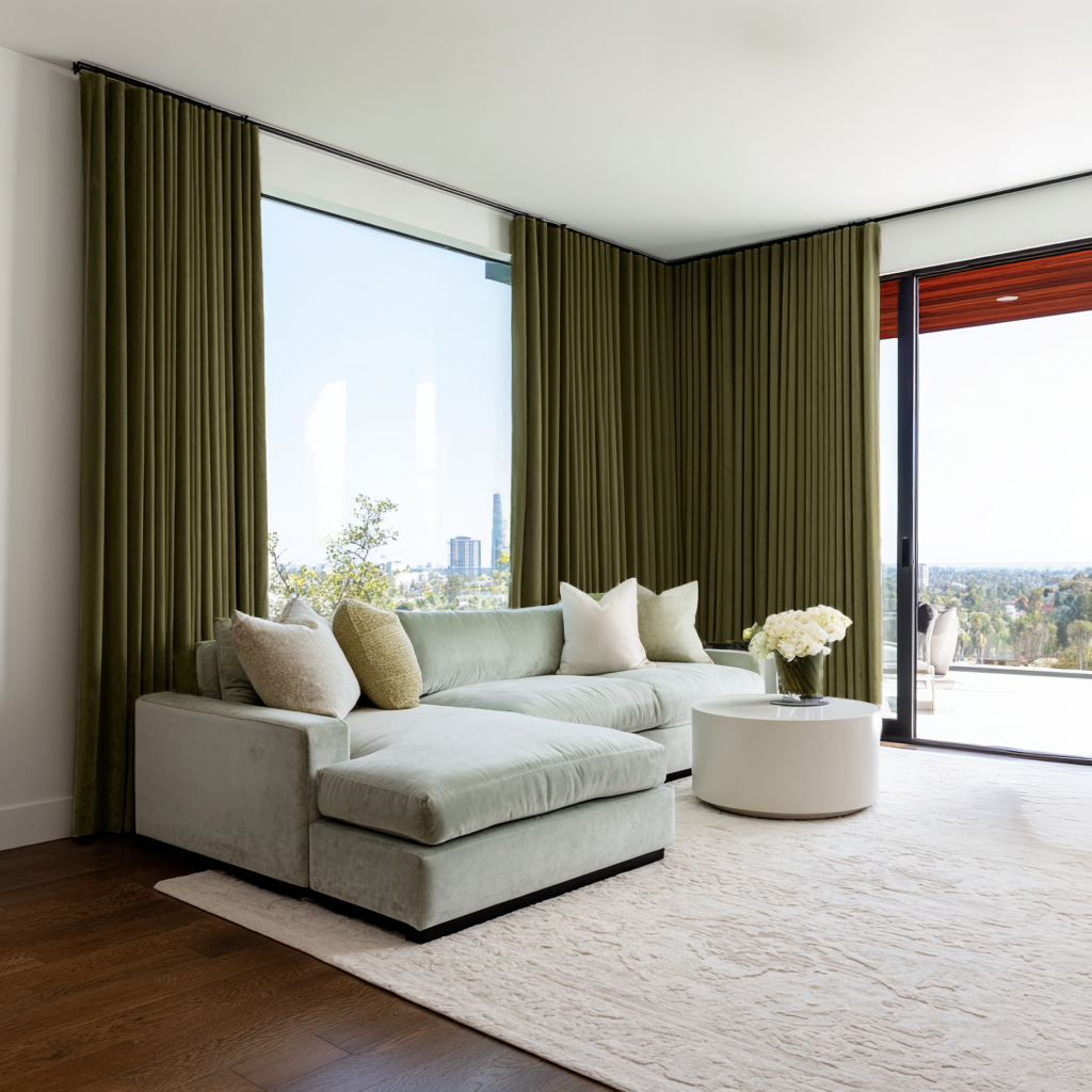 Olive Green Velvet Thermal Curtains with Multitape