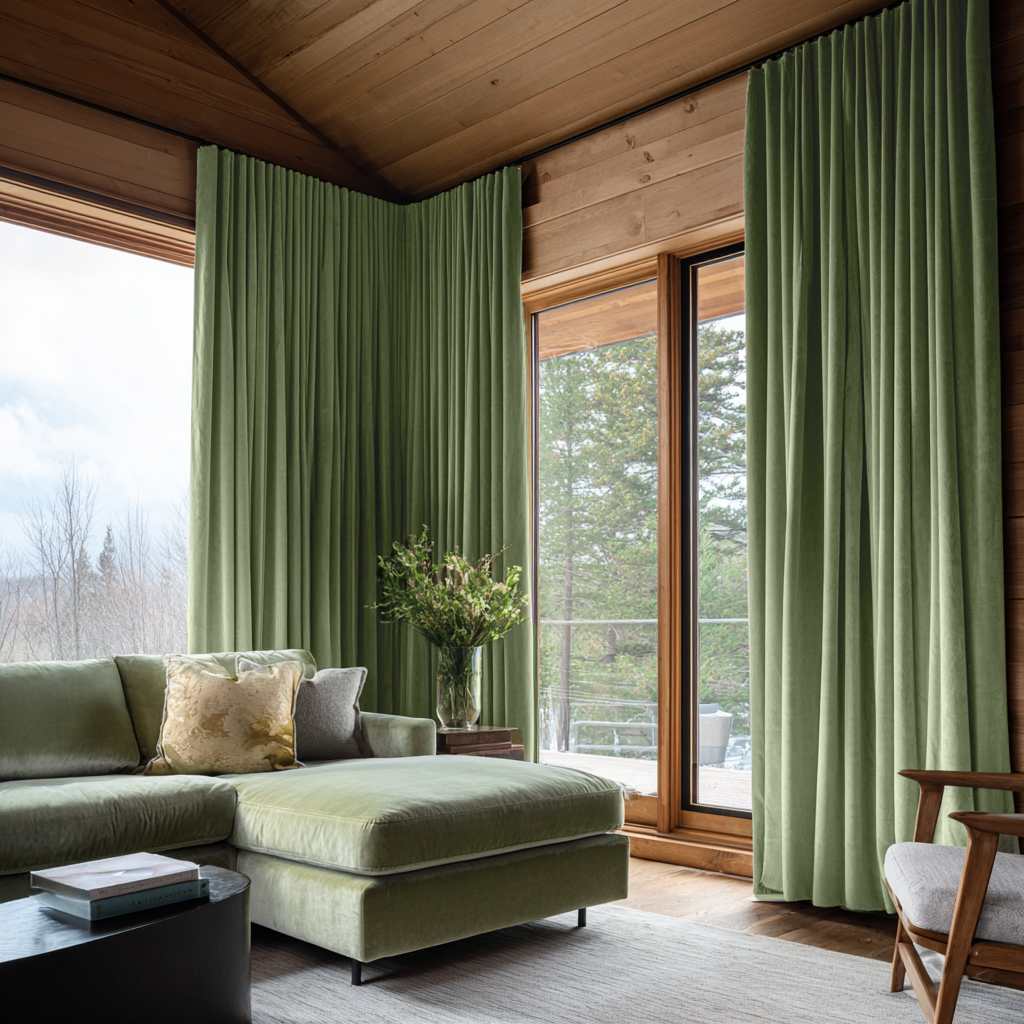 Sage Green Velvet Thermal Curtains with Multitape