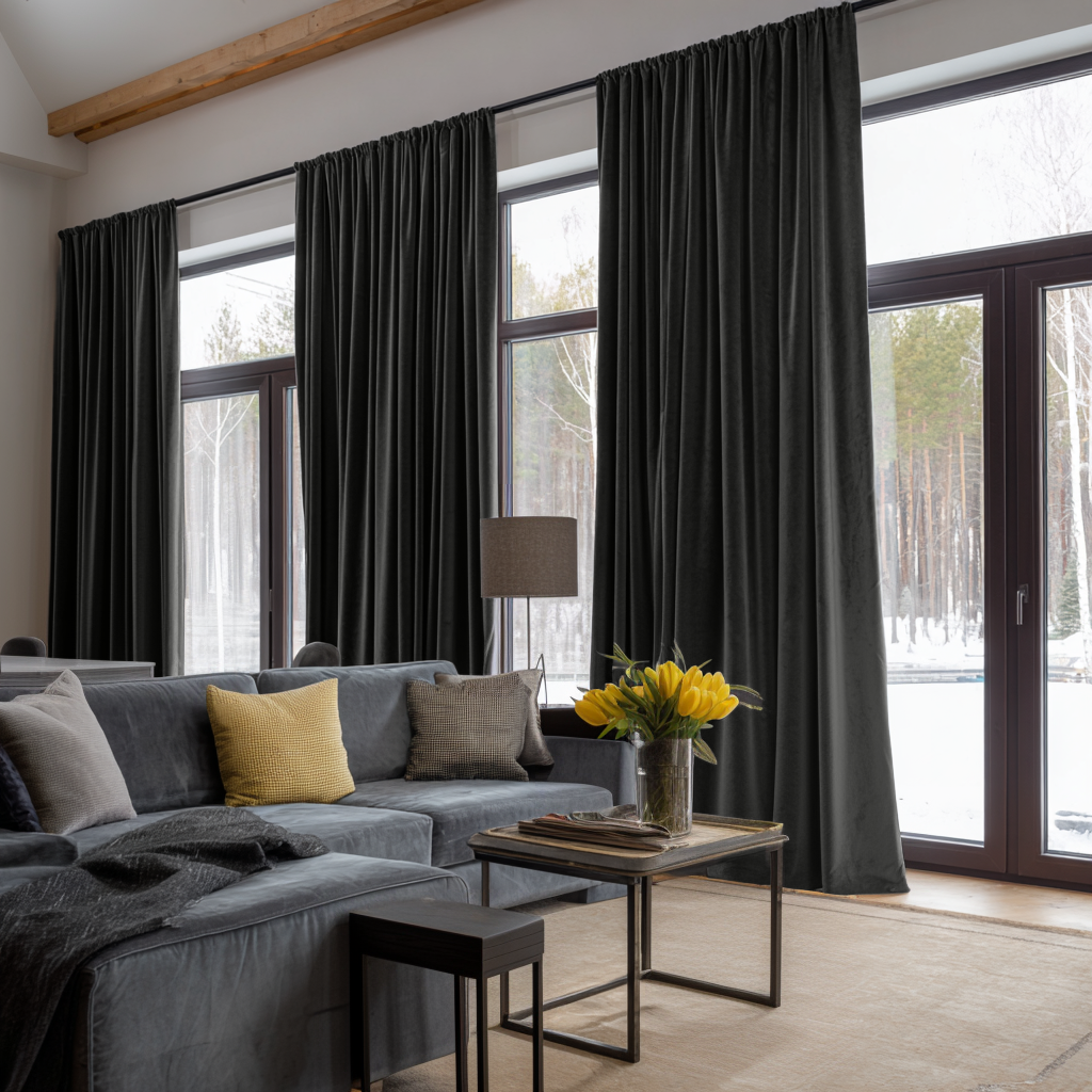 Steel Black Velvet Thermal Curtains with Multitape