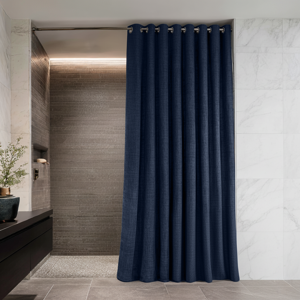 Waterproof Royal Blue Hookless Linen Shower Curtain