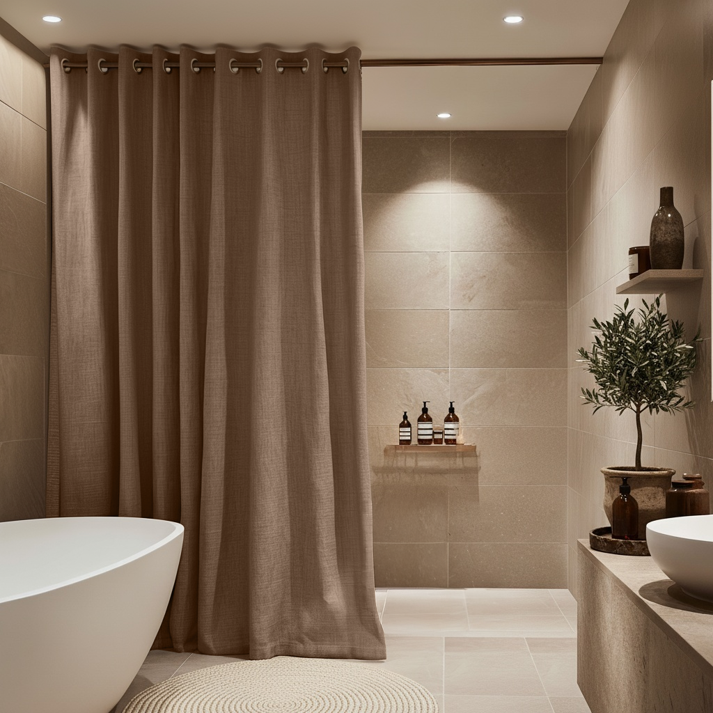 Waterproof Tawny Brown Hookless Linen Shower Curtain
