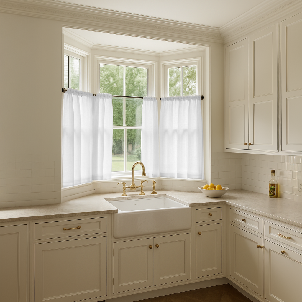 White Bay Window Linen Kitchen Curtains