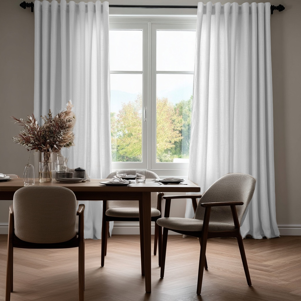 White Linen Back Tabs Dining Room Curtain in a Contemporary Dining Room with Beige Walls, a Dark Wood Dining Table and Upholstered Chairs.