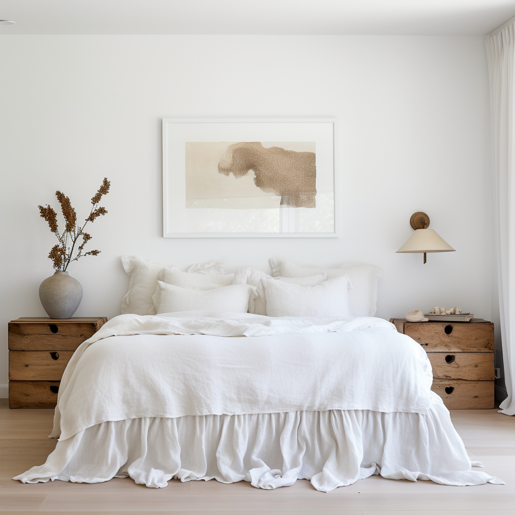 White Linen Bed Skirt with Gathered Ruffles