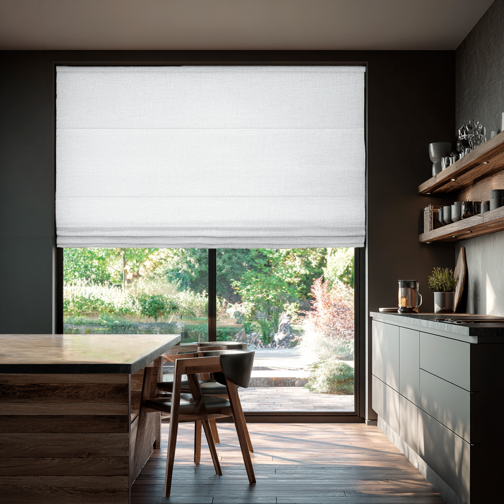 White Linen Kitchen Roman Blinds in a Contemporary Kitchen with Dark Walls - Blackout Lining