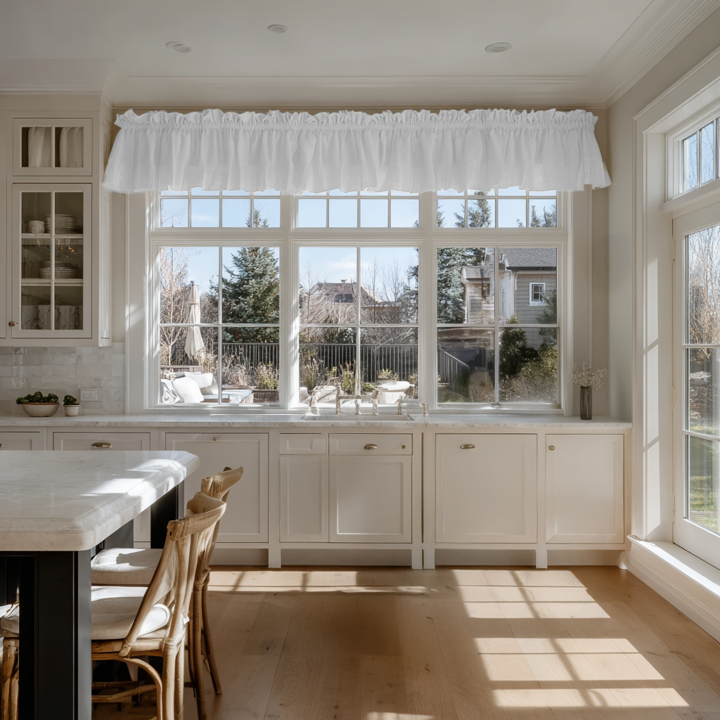 White Linen Kitchen Valance - Blackout Lining