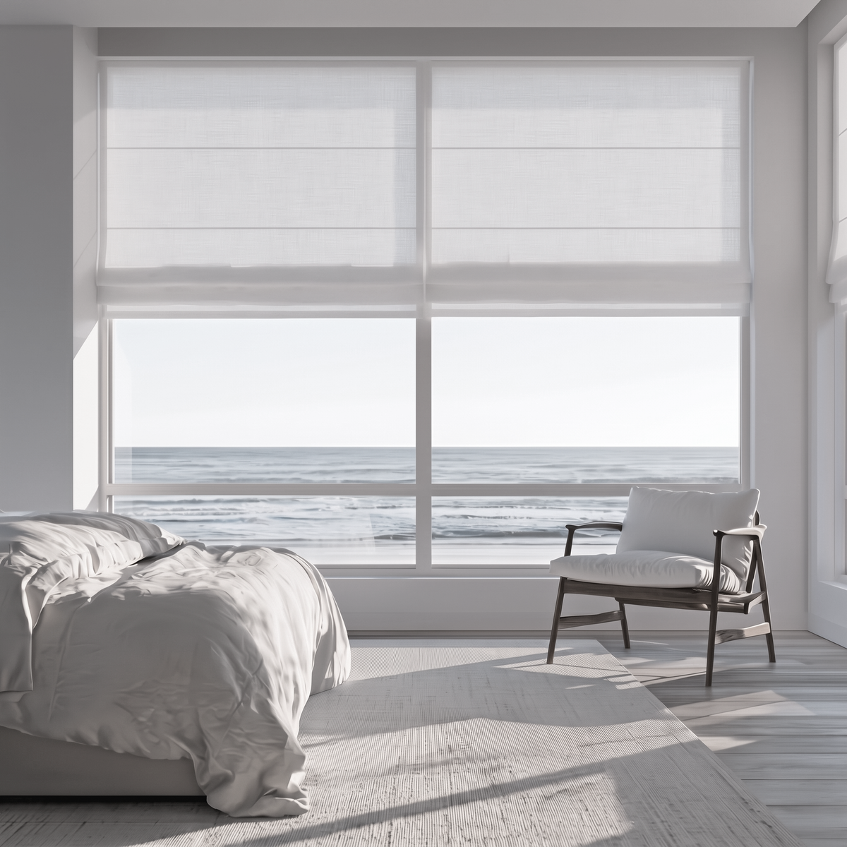 White Linen Cordless Roman Blinds in a Contemporary Bedroom with Gray Walls and an Ocean View Window
