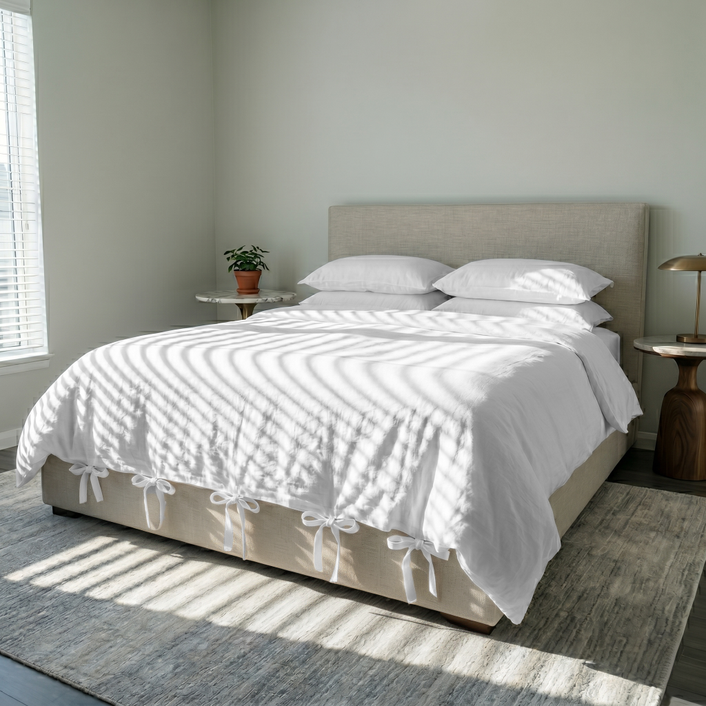 White Linen Quilt Cover with Ties in a Minimal Bedroom with Soft Sunlit Shadows