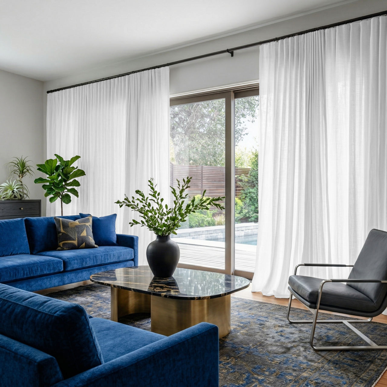 White Linen S-Fold Extra Wide Curtains for Sliding Door in a Modern Living Room with Blue Velvet Seating, Black Marble Table, and Green Plants
@Heading: S-Fold