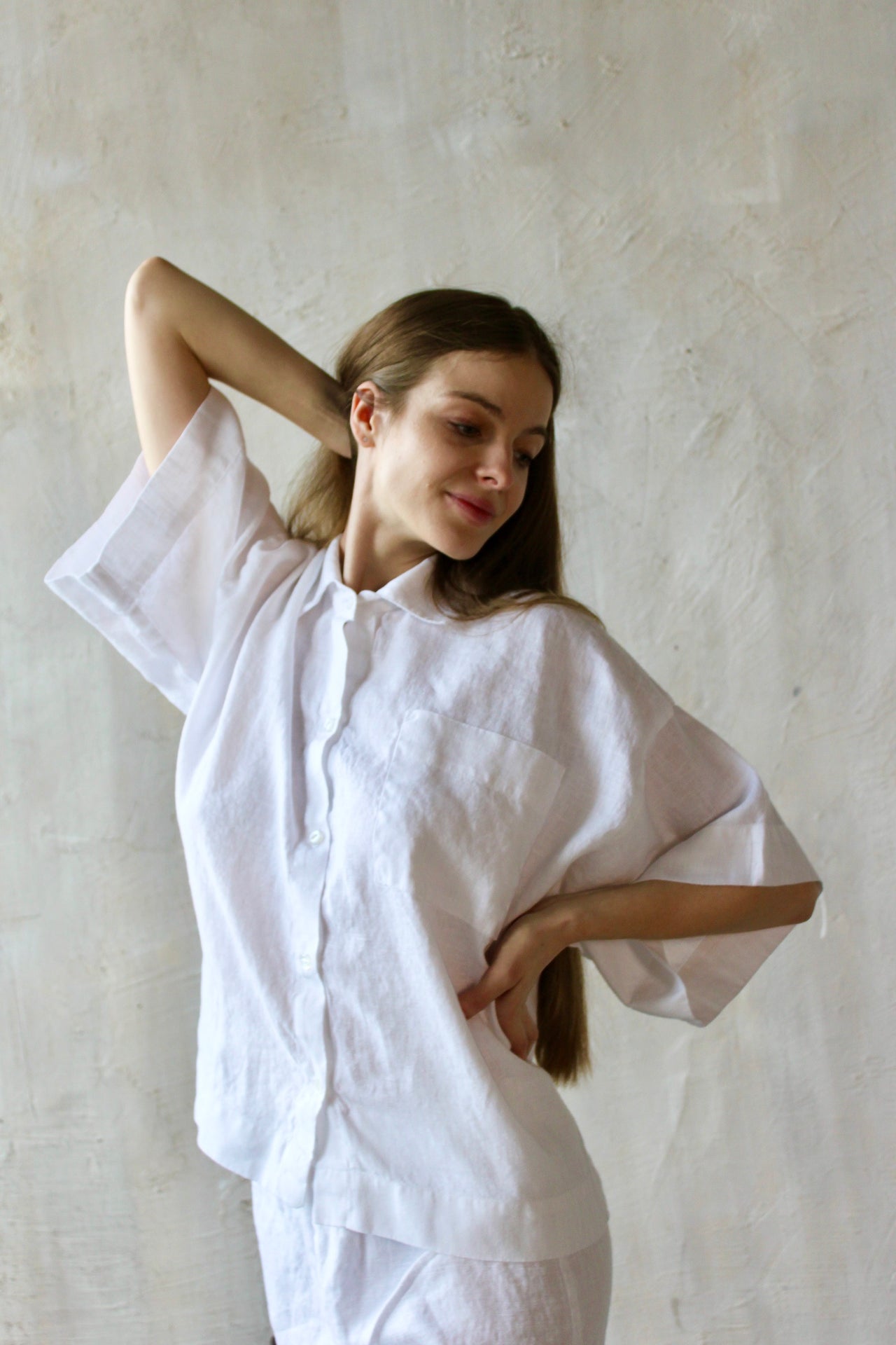 On Sale  Softened Linen Women's Loungewear - Pyjama Three Quarter Sleeve Shirt Only - Natural Colour