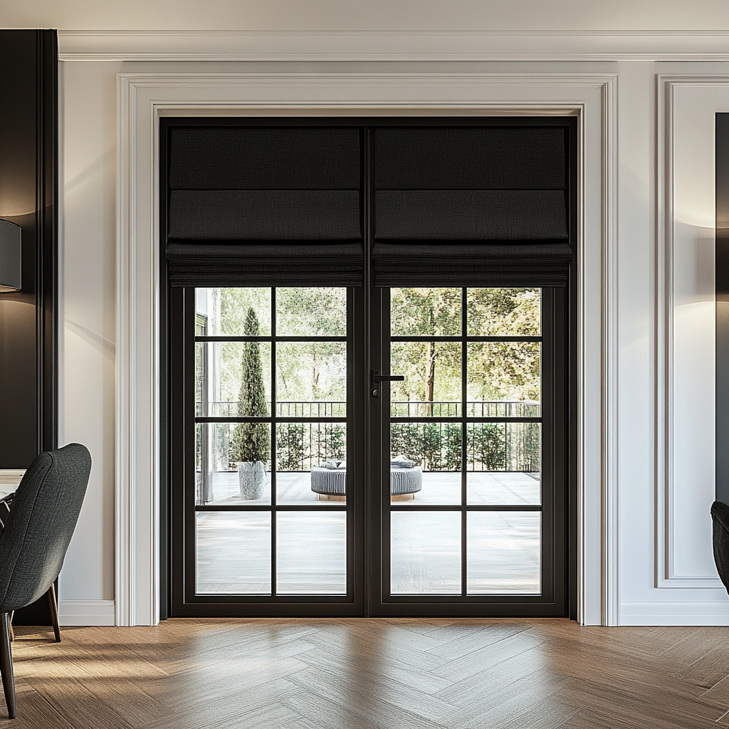 Black Blackout French Door Roman Blinds