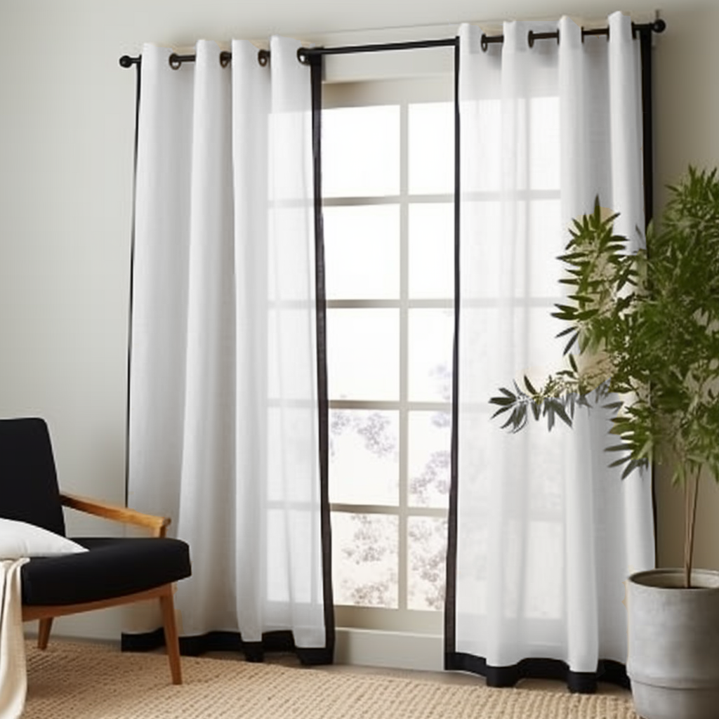 Black and White Frame Border Eyelet Linen Curtain Panel - Custom Width and Length