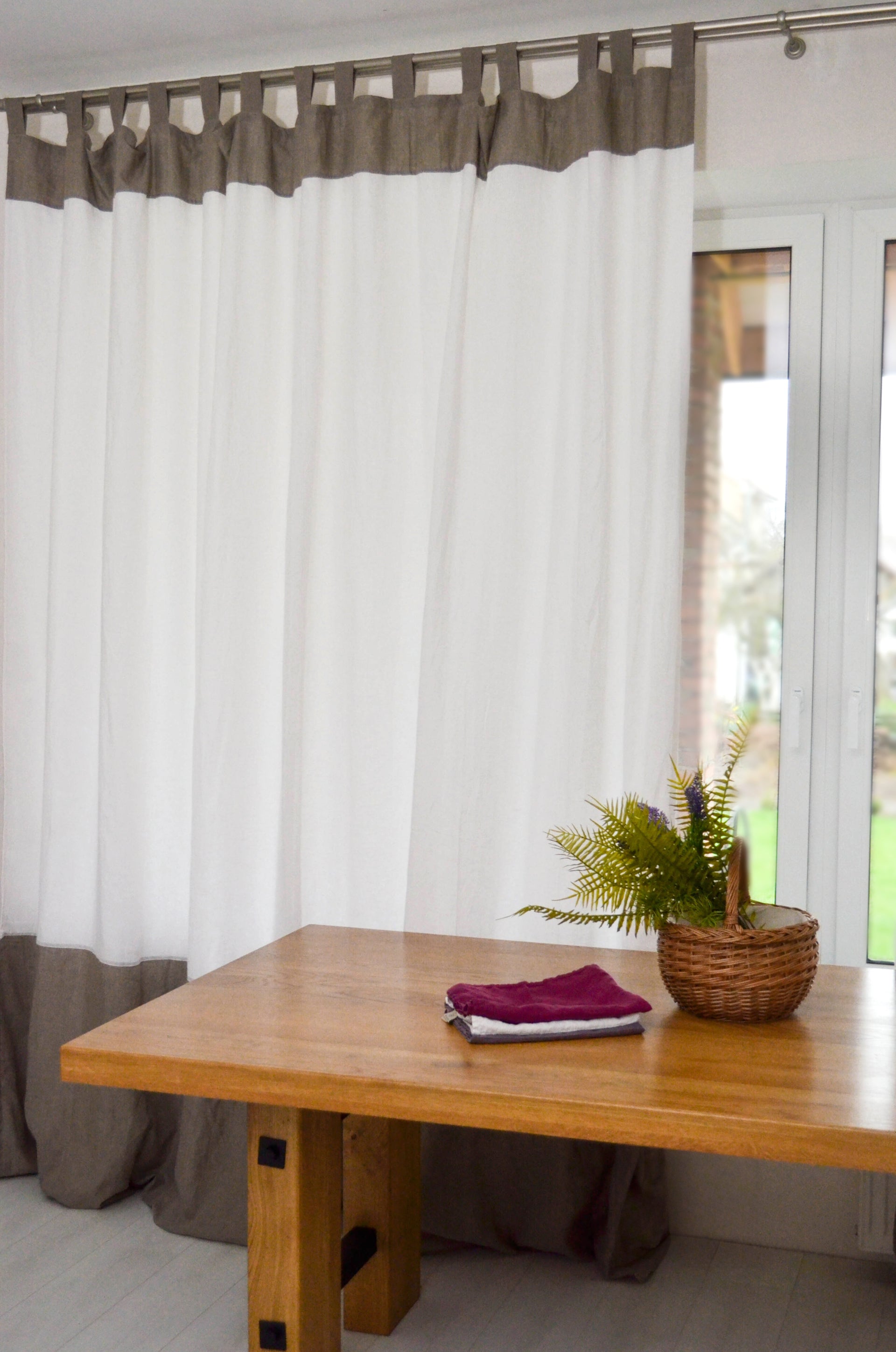 Colour Block Natural Linen Curtain - Tab Top Panel in Two Colours - Window or Door Drapes in Bespoke Sizes