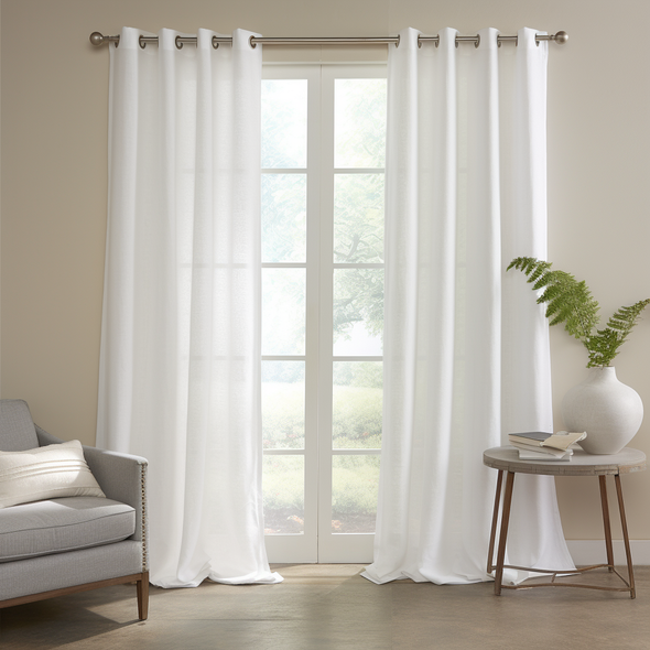 Eyelet Linen Curtain Panel - Linen Window Treatments - Grommet Top Drapes, Color: White