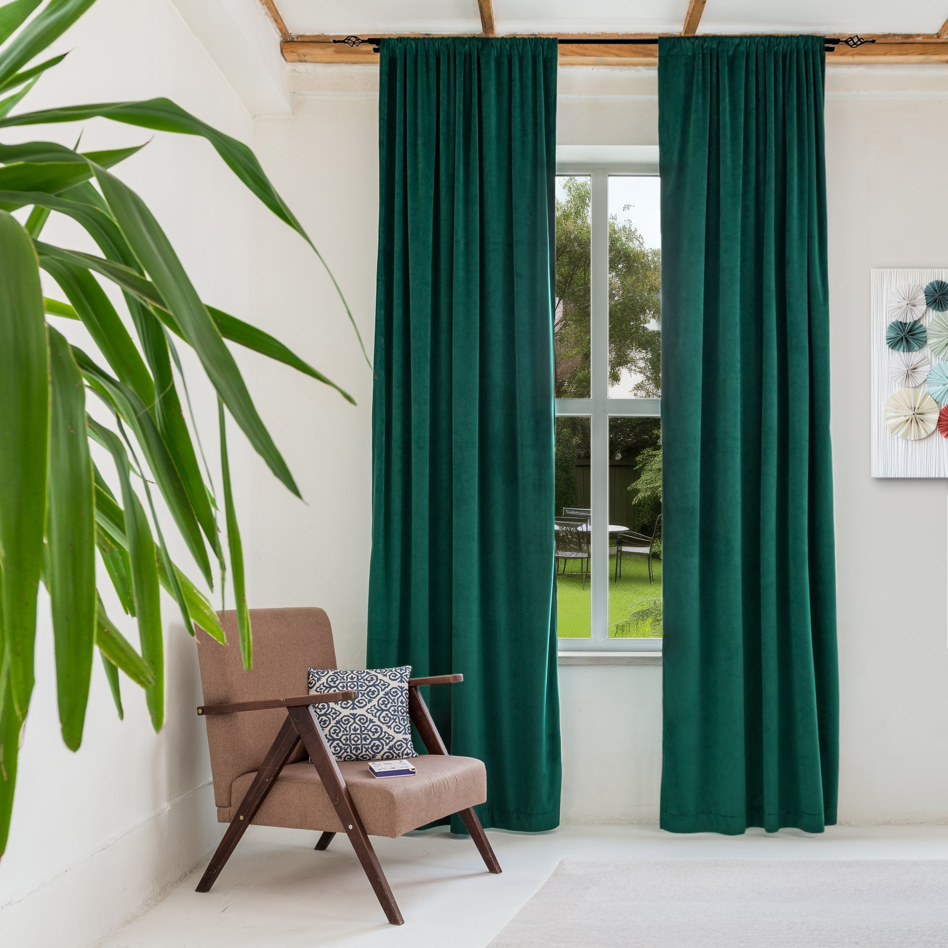 Emerald green velver pole pocket curtain