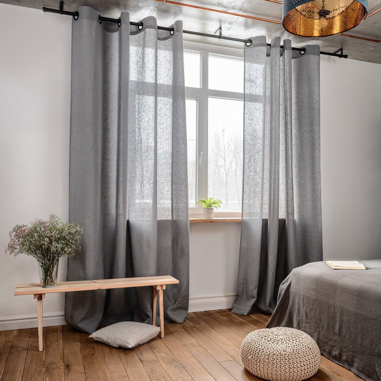 Eyelet Cream Linen Curtain Panel - Custom Width and Length