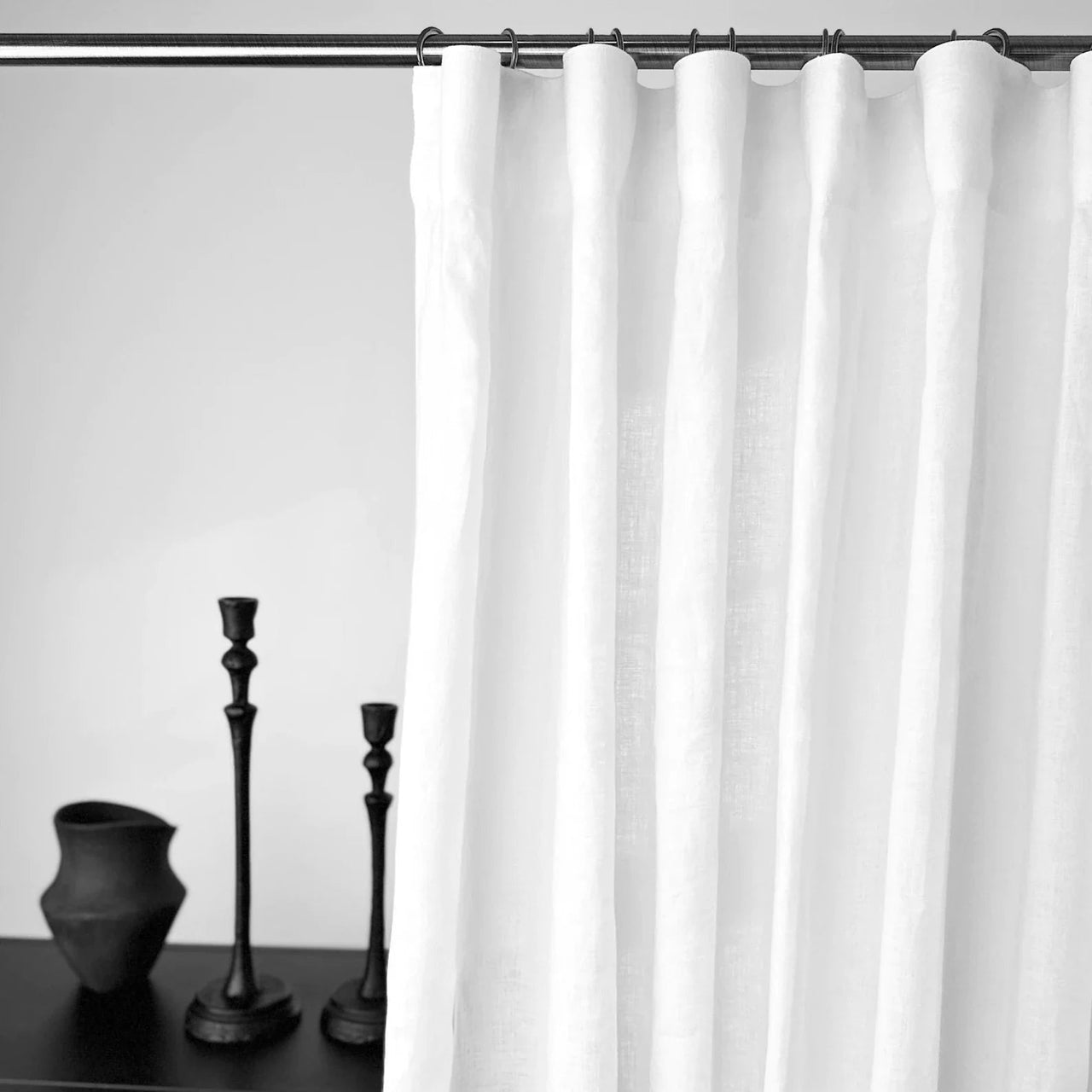 White Blackout Linen S-Fold Curtain Panel with White Blackout Lining - Custom Width, Custom Length, Colour: White