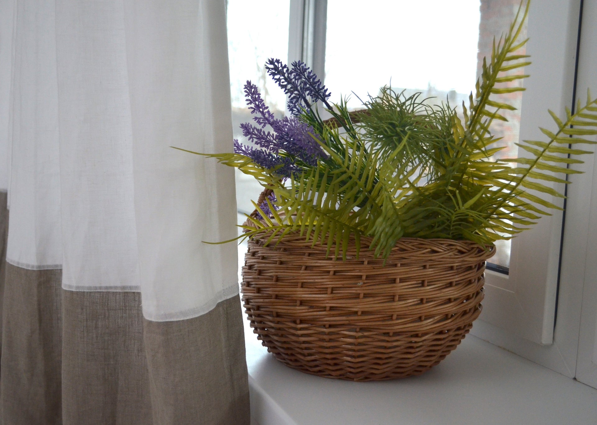 Colour Block Natural Linen Curtain - Tab Top Panel in Two Colours - Window or Door Drapes in Bespoke Sizes