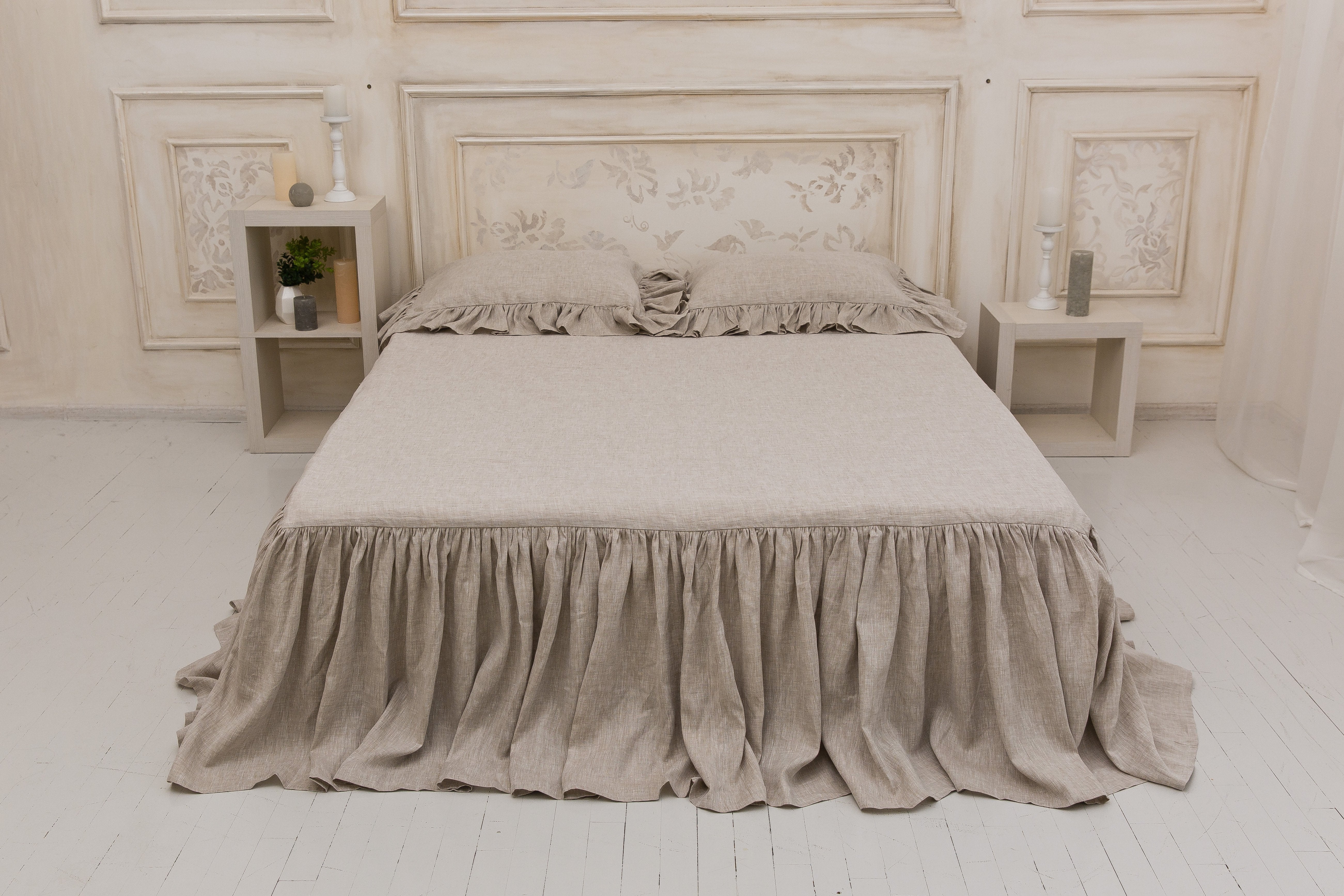 100% Linen Bed Spread - Natural Linen Ruffled Coverlet - Shabby Chic B