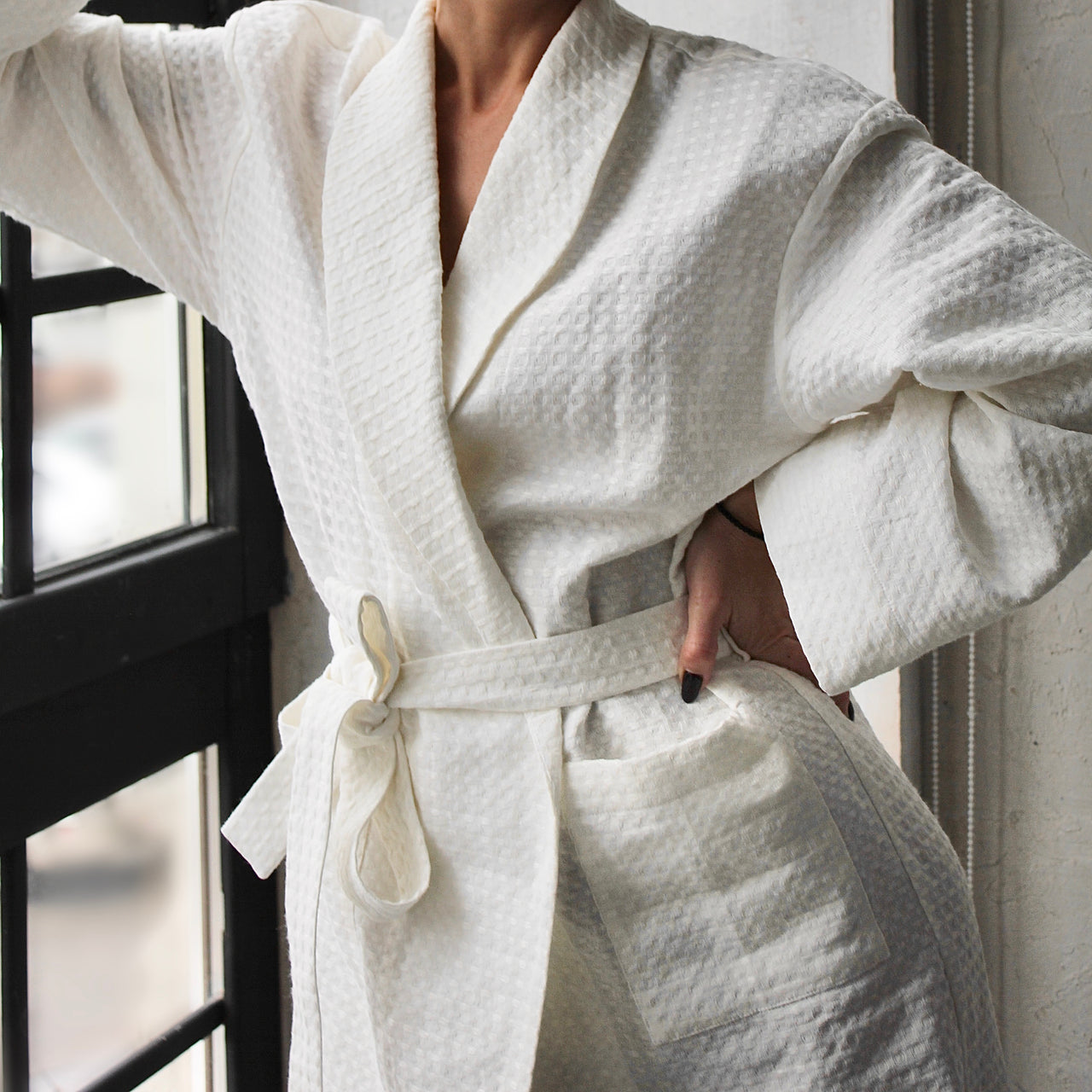 Waffle Linen Robe With a Belt